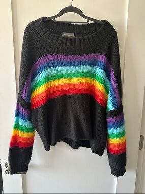 Wooden Ships Black Sweater with Rainbow Stripes